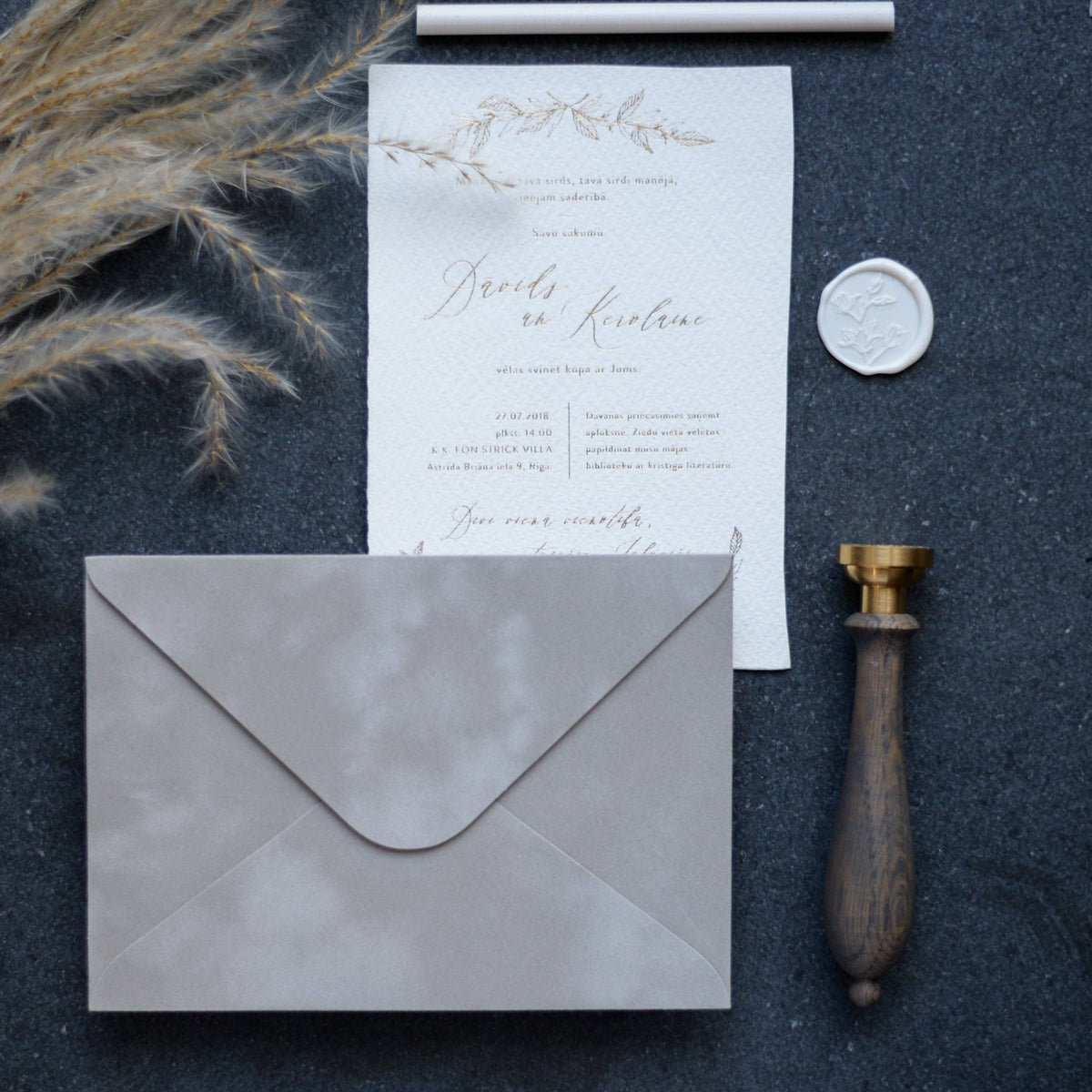 Light grey velvet paper envelope with elegant wedding stationery